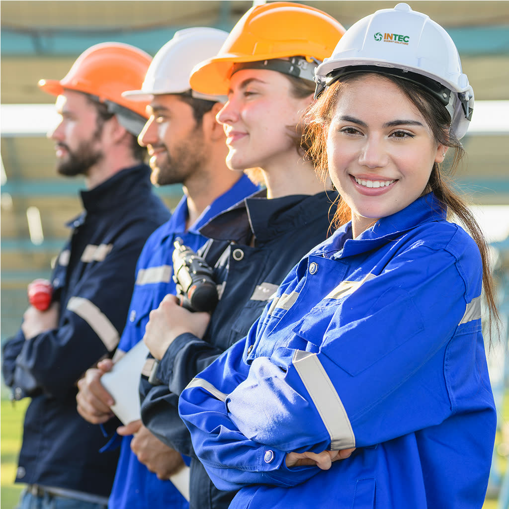 INTEC engineers in hard hats and workwear on a solar site